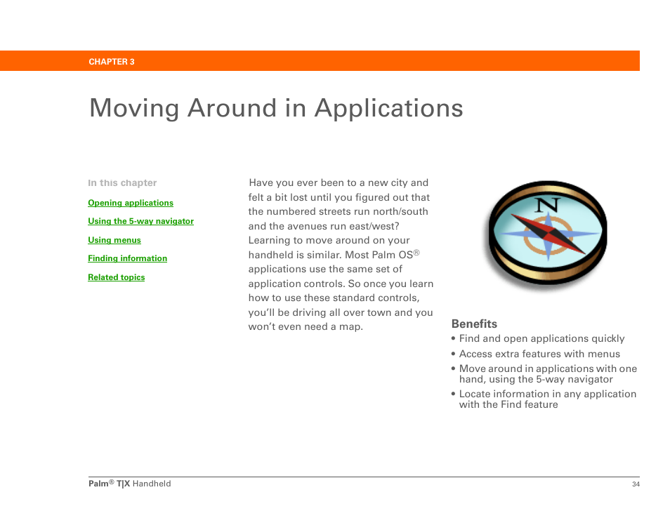 Moving around in applications, Chapter 3: moving around in applications, Moving around | Palm TX User Manual | Page 56 / 690