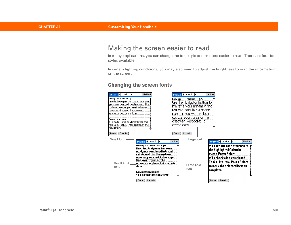 Making the screen easier to read, Changing the screen fonts, Change your font size | Palm TX User Manual | Page 560 / 690