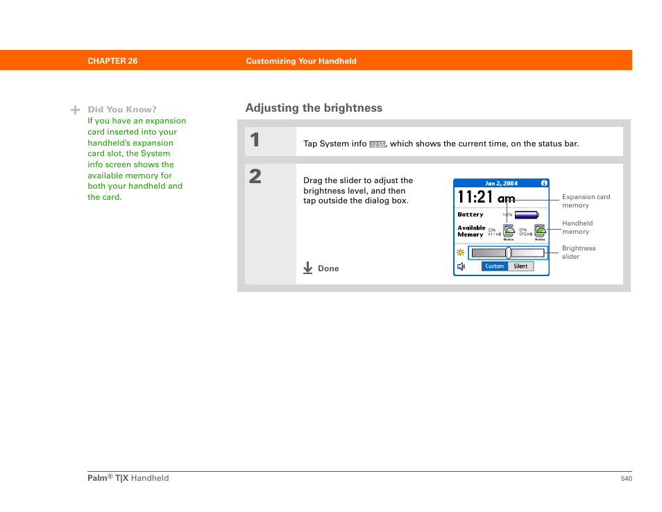 Adjusting the brightness, Adjust the screen brightness | Palm TX User Manual | Page 562 / 690