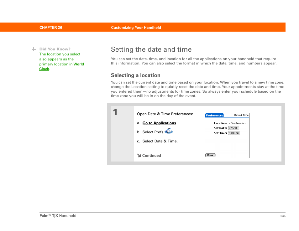 Setting the date and time, Selecting a location | Palm TX User Manual | Page 567 / 690