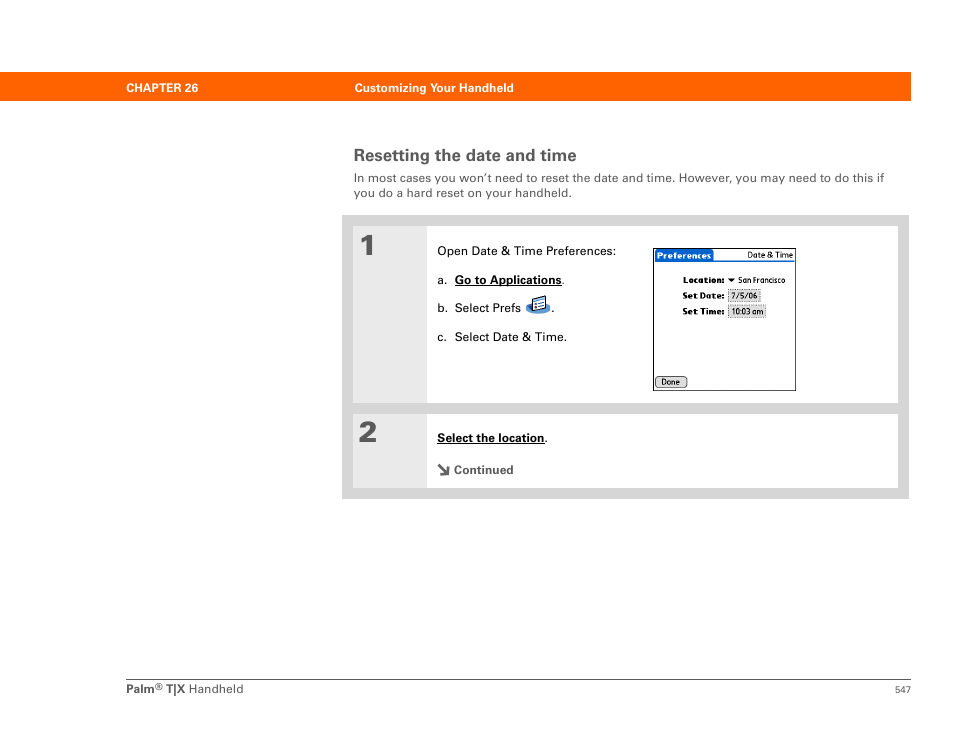 Resetting the date and time | Palm TX User Manual | Page 569 / 690