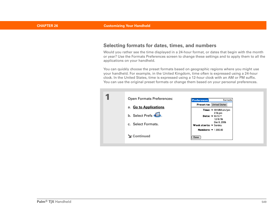 Selecting formats for dates, times, and numbers | Palm TX User Manual | Page 571 / 690