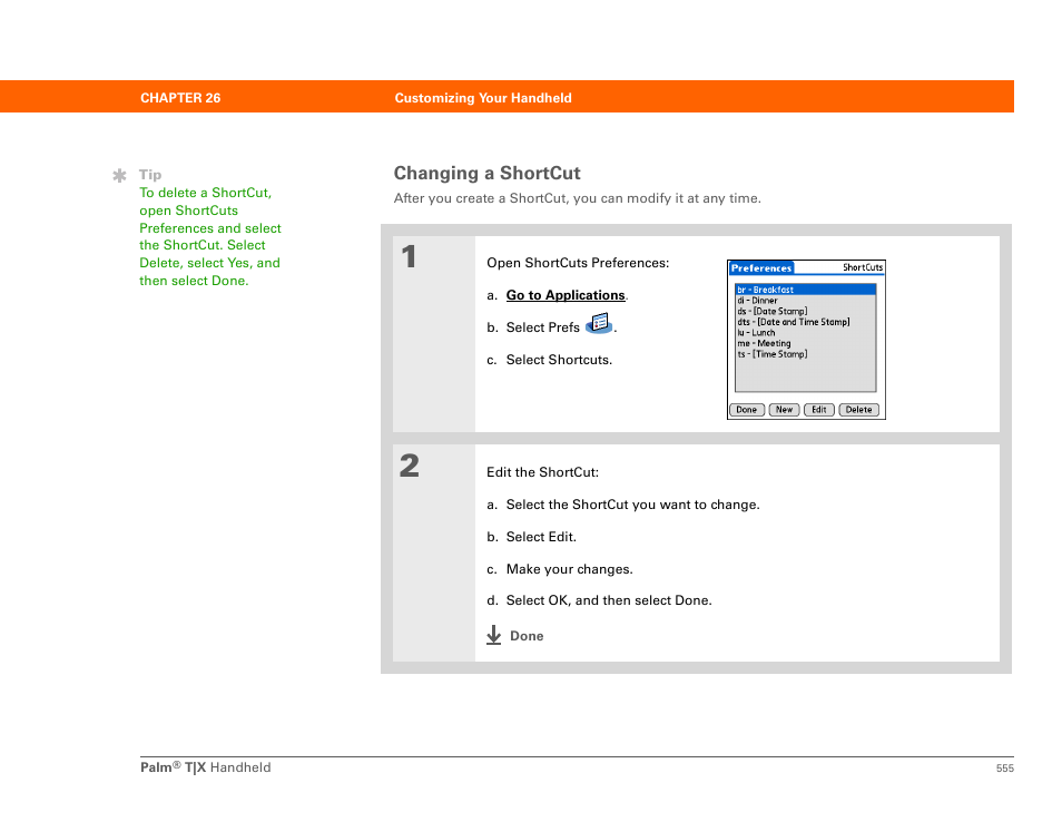 Changing a shortcut | Palm TX User Manual | Page 577 / 690