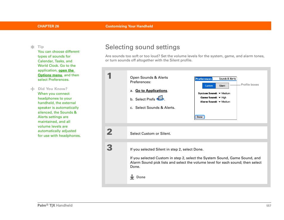 Selecting sound settings | Palm TX User Manual | Page 579 / 690
