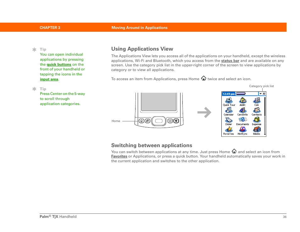 Using applications view, Switching between applications | Palm TX User Manual | Page 58 / 690