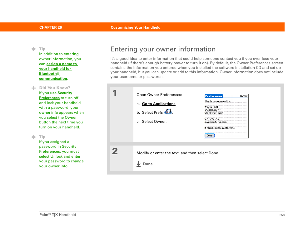 Entering your owner information | Palm TX User Manual | Page 580 / 690