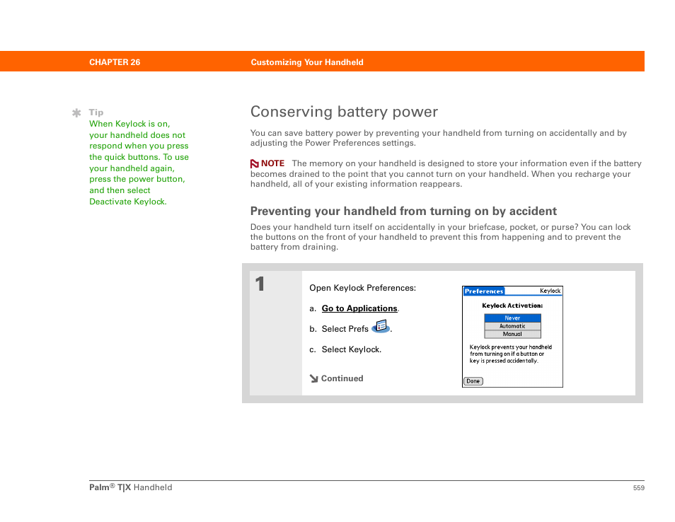 Conserving battery power | Palm TX User Manual | Page 581 / 690