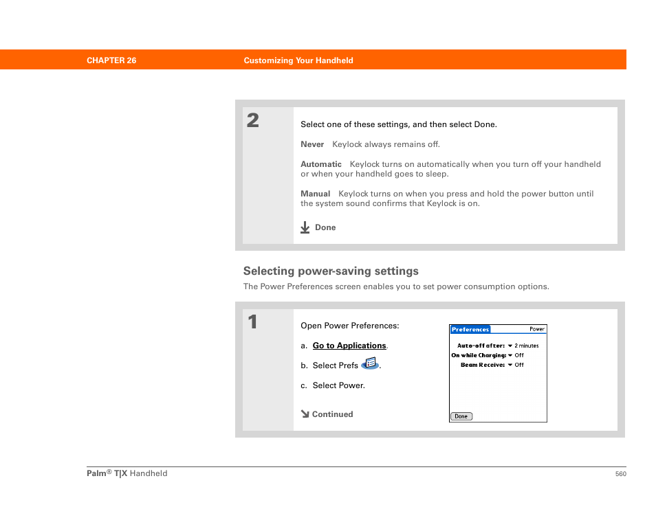 Selecting power-saving settings, Reduce the auto-off setting | Palm TX User Manual | Page 582 / 690