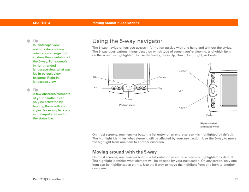 Using the 5-way navigator, Moving around with the 5-way | Palm TX User Manual | Page 59 / 690