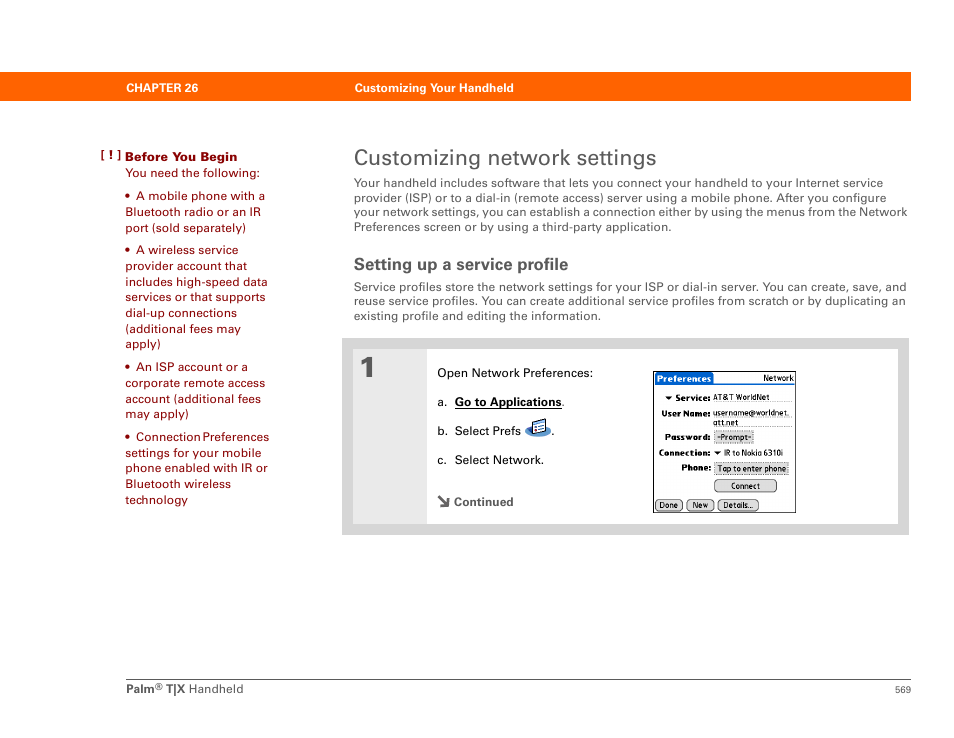 Customizing network settings, Setting up a service profile | Palm TX User Manual | Page 591 / 690