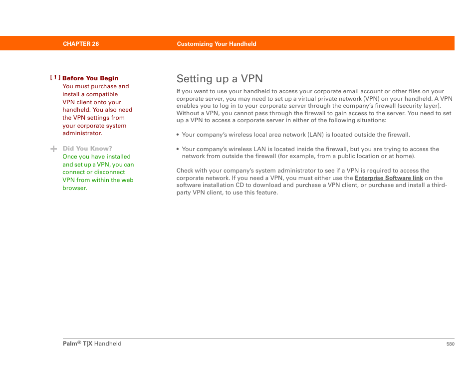 Setting up a vpn, U set up a vpn connection in, Install vpn software and set up vpn access | Palm TX User Manual | Page 602 / 690