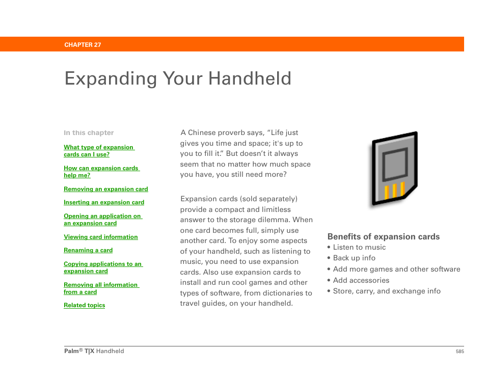 Expanding your handheld, Chapter 27: expanding your handheld, Minimize use of the expansion card slot | Minimize use of the expansion slot, Expansion card, Expansion cards a, Expansion | Palm TX User Manual | Page 607 / 690