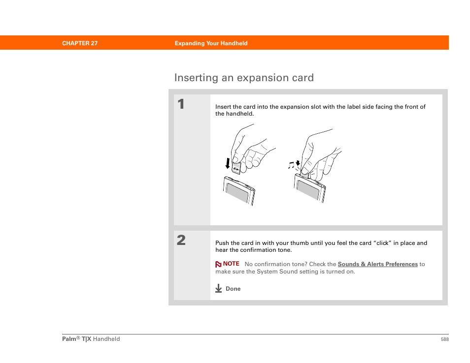 Inserting an expansion card, Insert an expansion card, Insert an expansion card into | Palm TX User Manual | Page 610 / 690