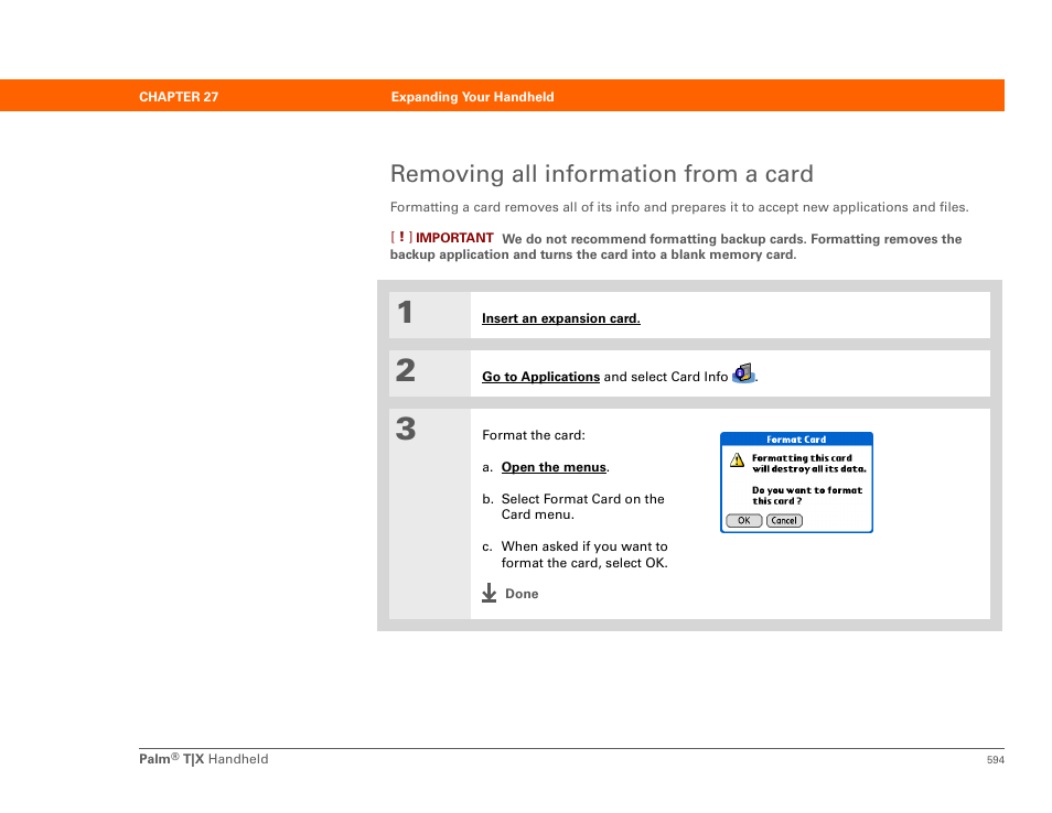 Removing all information from a card | Palm TX User Manual | Page 616 / 690