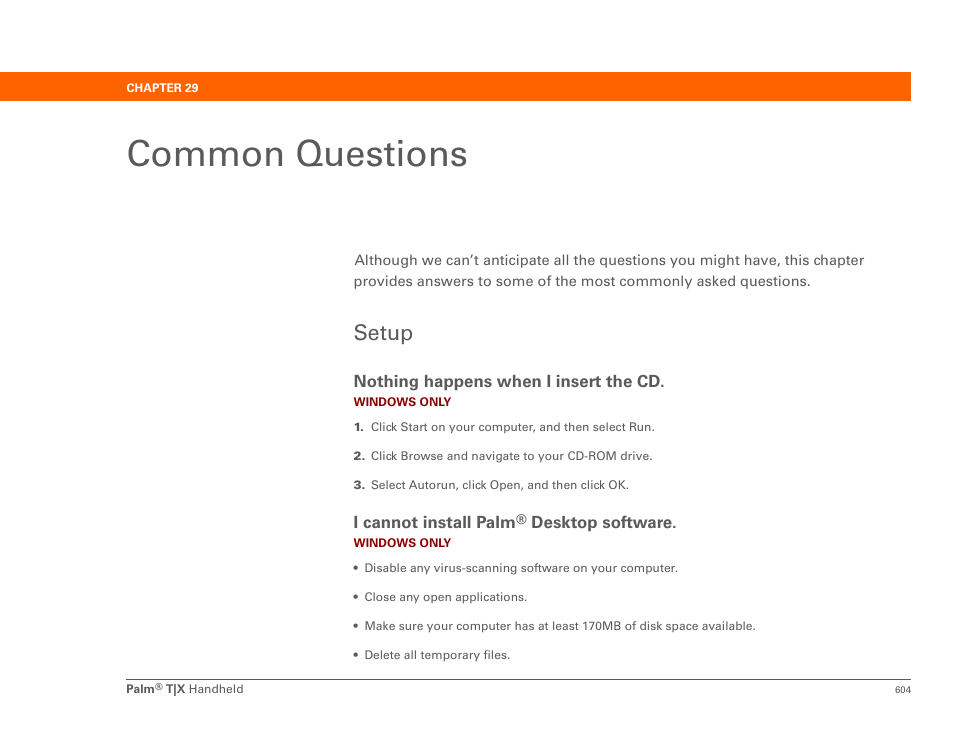 Common questions, Setup, Chapter 29: common questions | Palm TX User Manual | Page 626 / 690