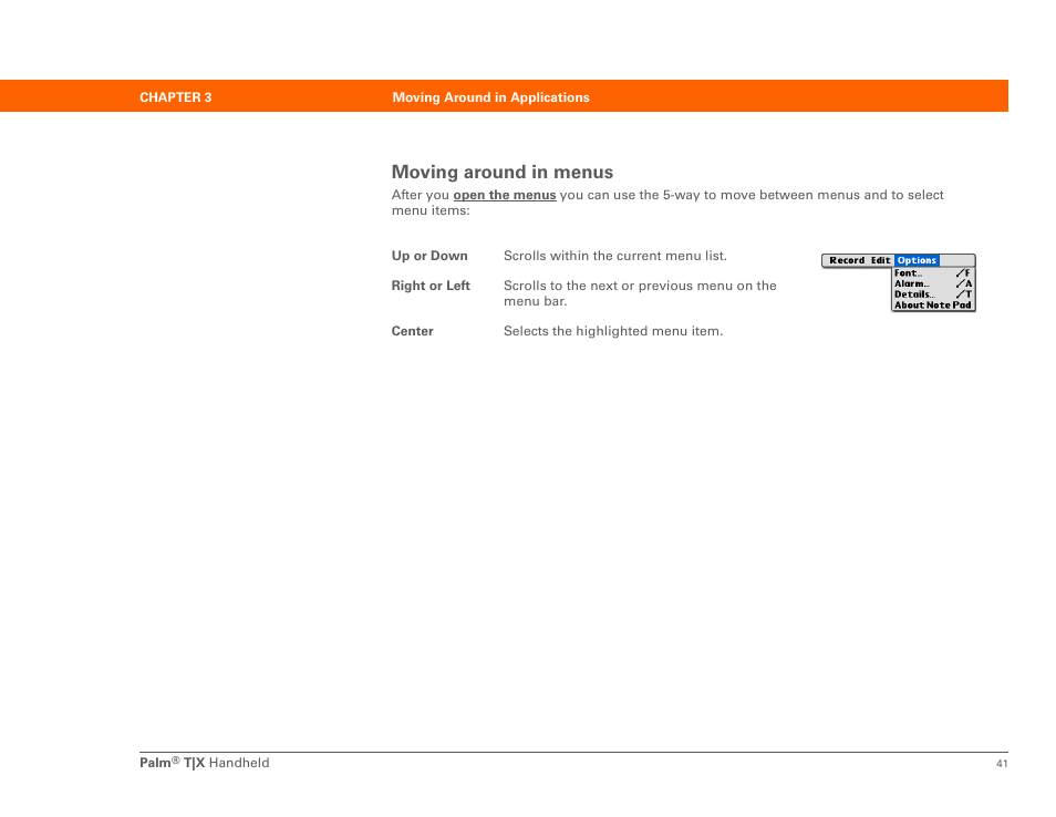 Moving around in menus | Palm TX User Manual | Page 63 / 690