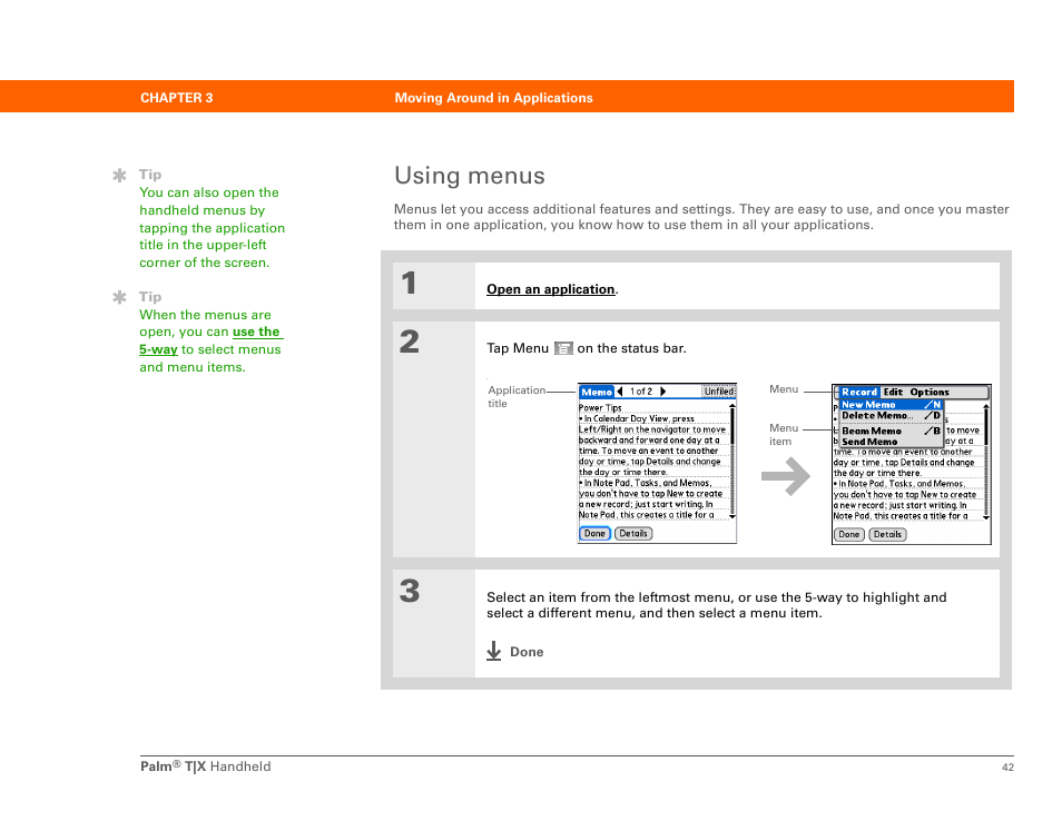 Using menus, Open the menus f | Palm TX User Manual | Page 64 / 690