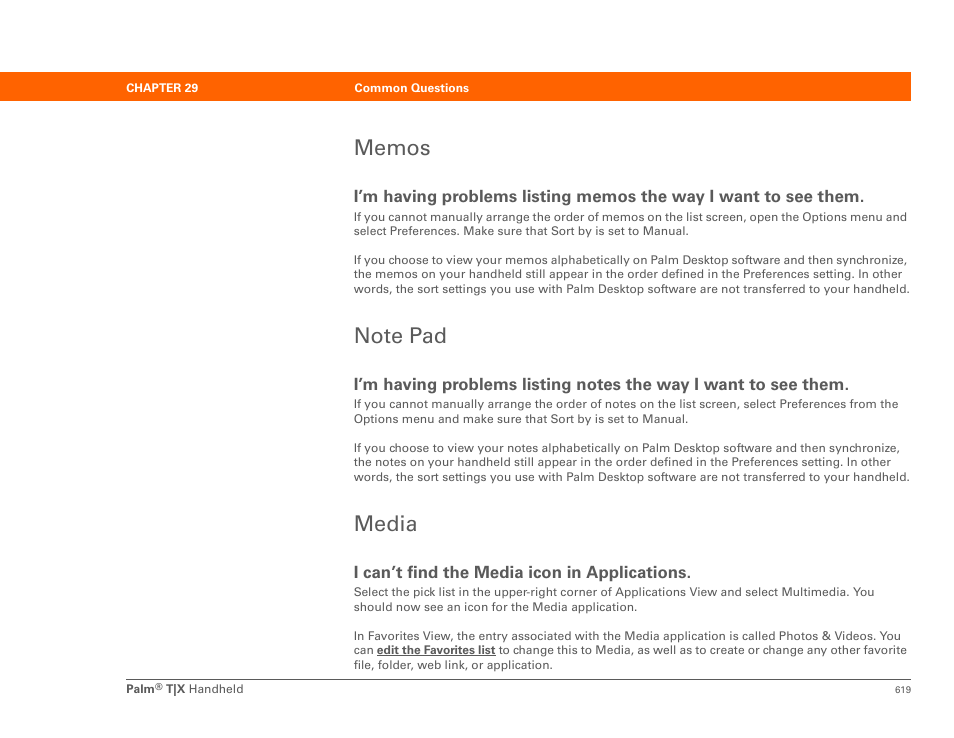 Memos, Note pad, Media | Memos note pad media | Palm TX User Manual | Page 641 / 690