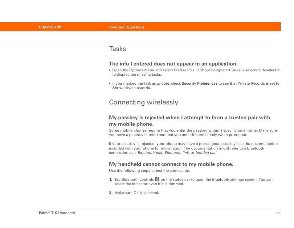 Tasks, Connecting wirelessly, Tasks connecting wirelessly | My handheld cannot connect to my mobile phone | Palm TX User Manual | Page 643 / 690