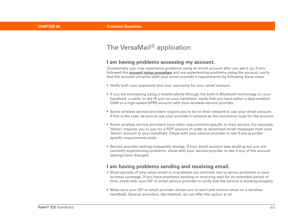 The versamail® application, The versamail, Application | I am having problems accessing my account, I am having problems sending and receiving email | Palm TX User Manual | Page 645 / 690