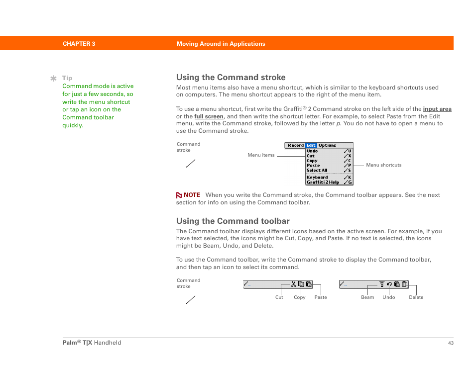 Using the command stroke using the command toolbar, Using the command stroke, Using the command toolbar | Palm TX User Manual | Page 65 / 690