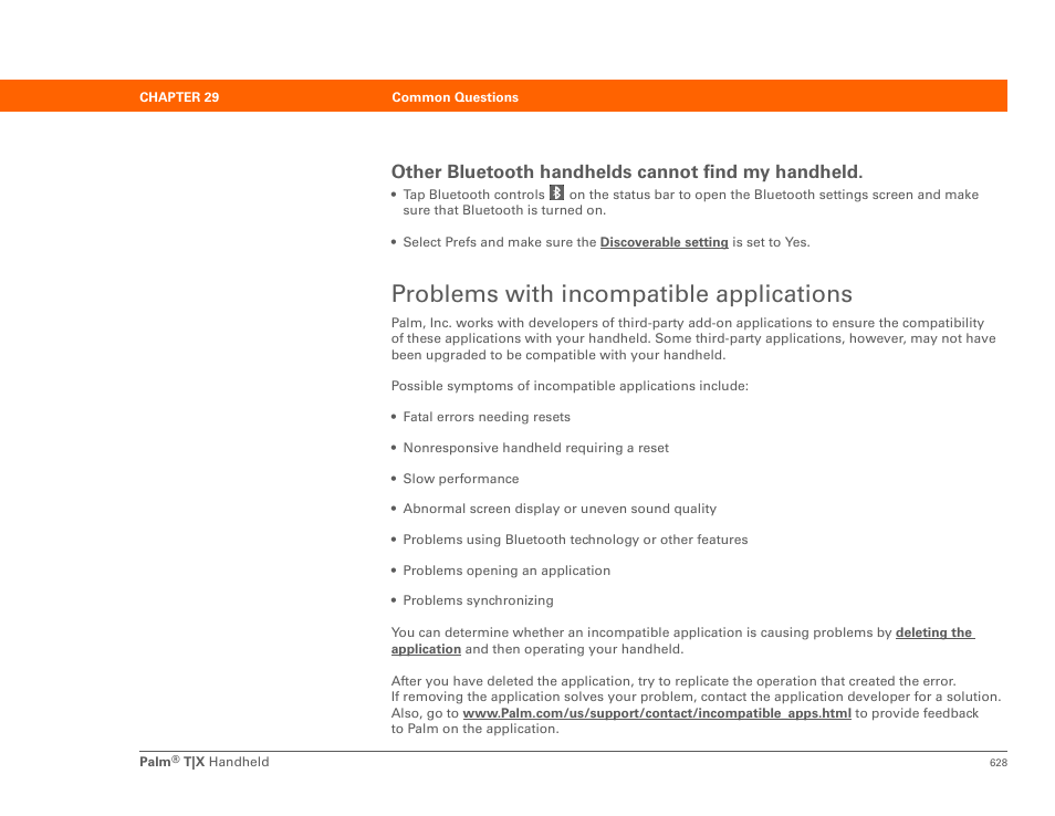 Problems with incompatible applications, Incompatible applications, Other bluetooth handhelds cannot find my handheld | Palm TX User Manual | Page 650 / 690