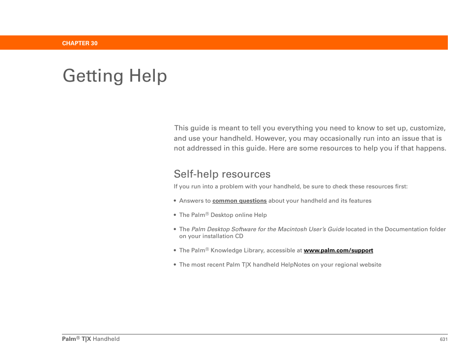 Getting help, Self-help resources, Chapter 30: getting help | Palm TX User Manual | Page 653 / 690