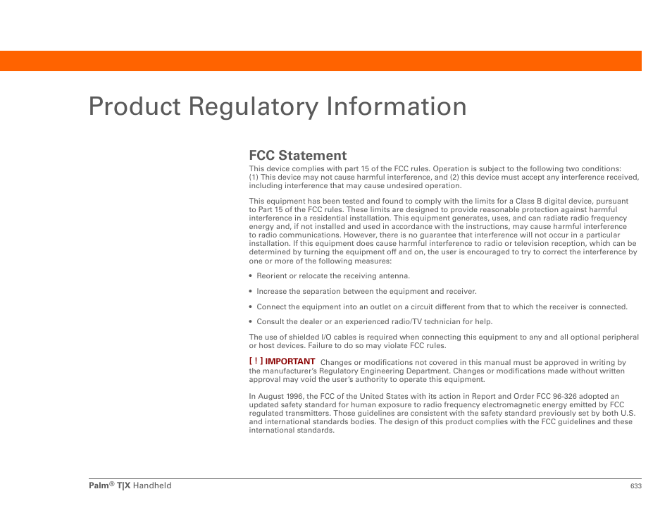 Product regulatory information, Fcc statement | Palm TX User Manual | Page 655 / 690