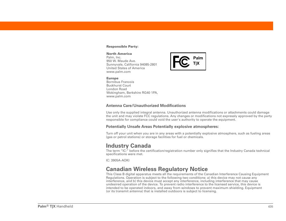 Industry canada, Canadian wireless regulatory notice | Palm TX User Manual | Page 657 / 690