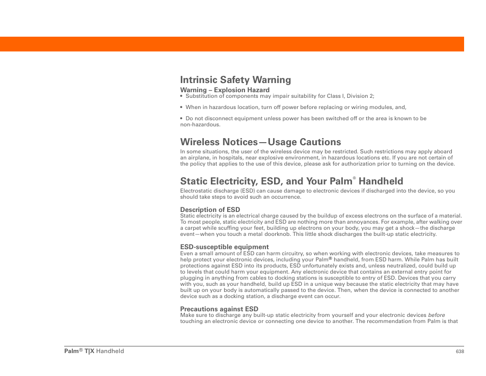 Intrinsic safety warning, Wireless notices-usage cautions, Static electricity, esd, and your palm® handheld | Wireless notices—usage cautions, Static electricity, esd, and your palm, Handheld | Palm TX User Manual | Page 660 / 690