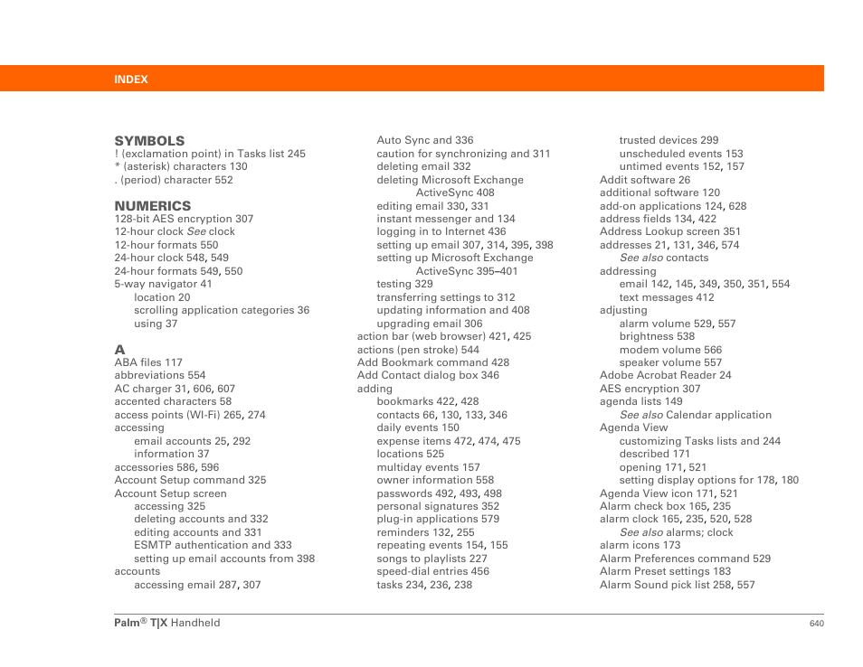 Index | Palm TX User Manual | Page 662 / 690