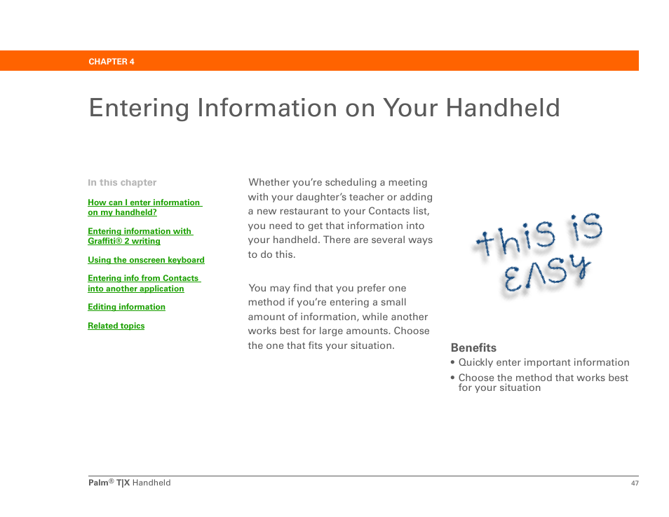 Entering information on your handheld, Chapter 4: entering information on your handheld, Entering information | Palm TX User Manual | Page 69 / 690