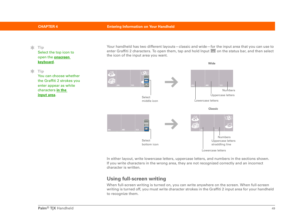 Using full-screen writing, Full-screen writing on | Palm TX User Manual | Page 71 / 690