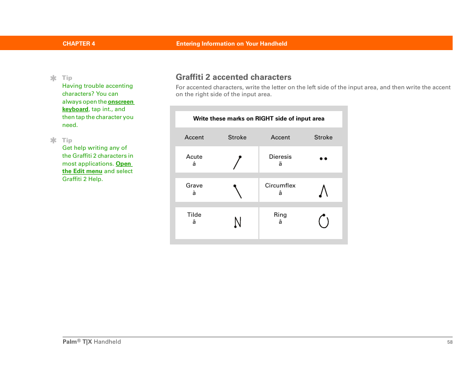 Graffiti 2 accented characters | Palm TX User Manual | Page 80 / 690