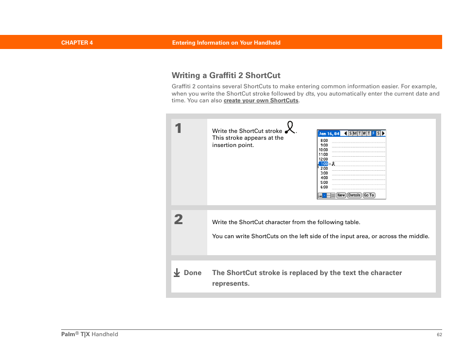 Writing a graffiti 2 shortcut | Palm TX User Manual | Page 84 / 690