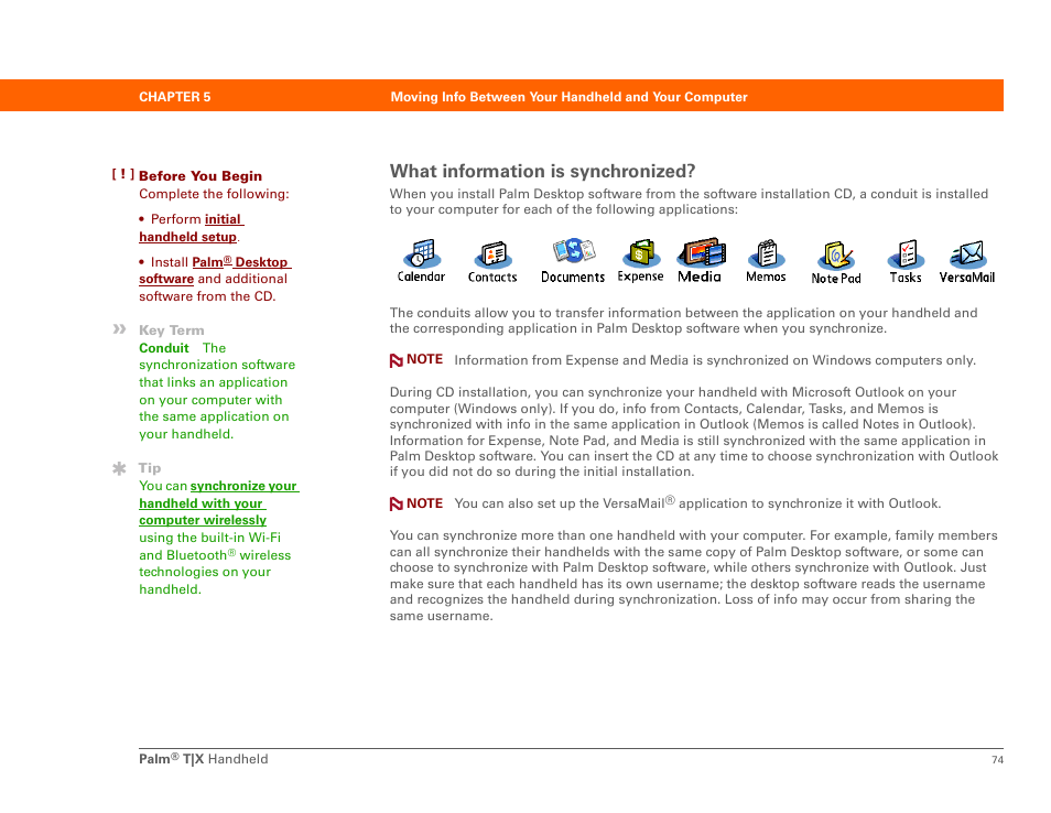 What information is synchronized, Synchronize your handheld with microsoft, Outlook on yo | Palm TX User Manual | Page 96 / 690
