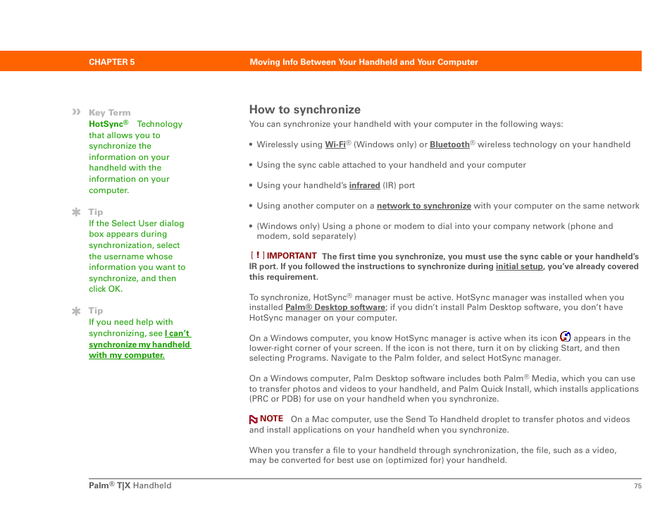 How to synchronize | Palm TX User Manual | Page 97 / 690