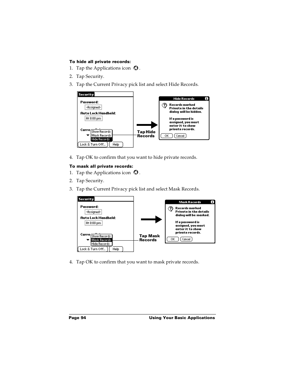 To hide all private records, To mask all private records | Palm PalmTM m100 User Manual | Page 102 / 232