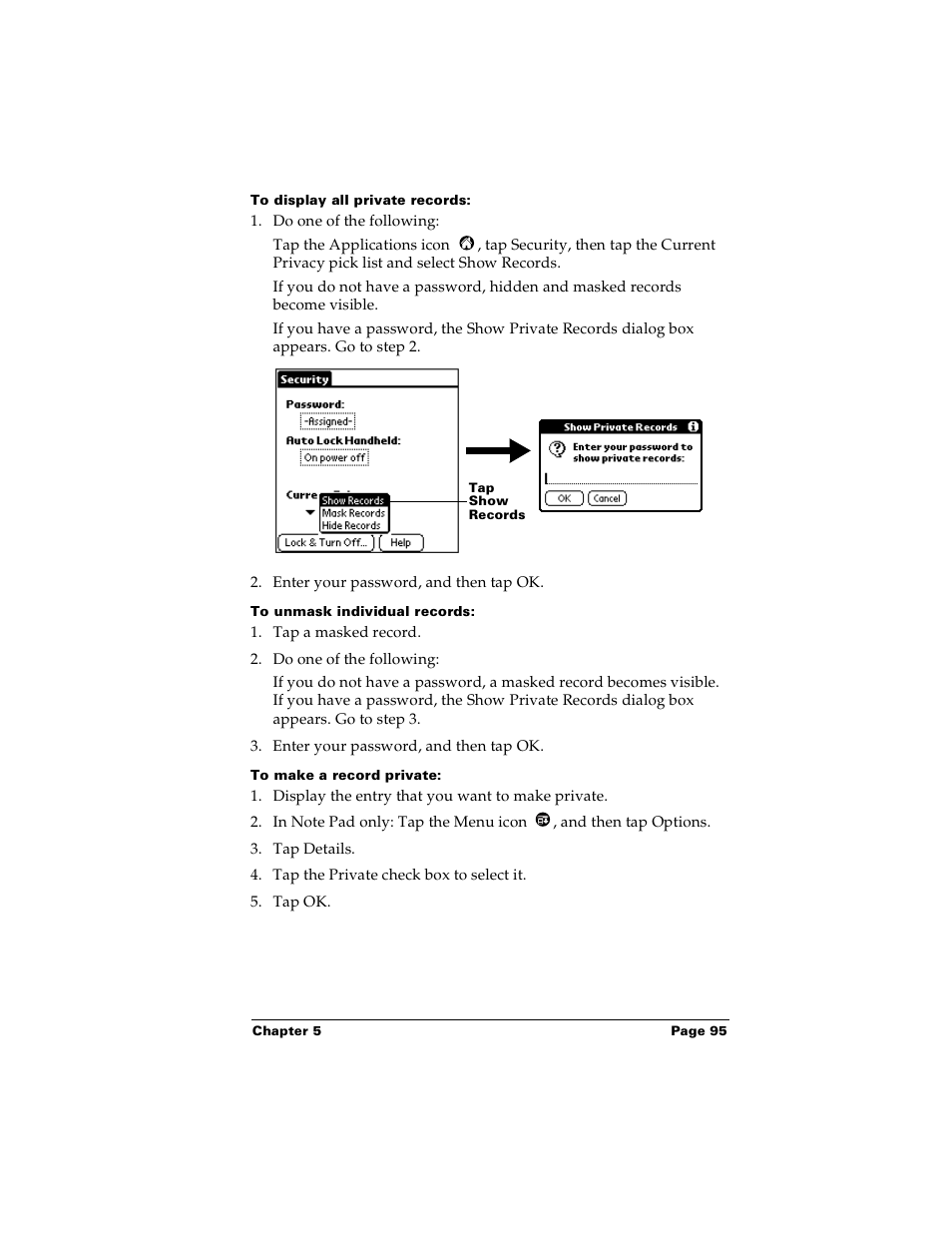 To display all private records, To unmask individual records, To make a record private | Palm PalmTM m100 User Manual | Page 103 / 232