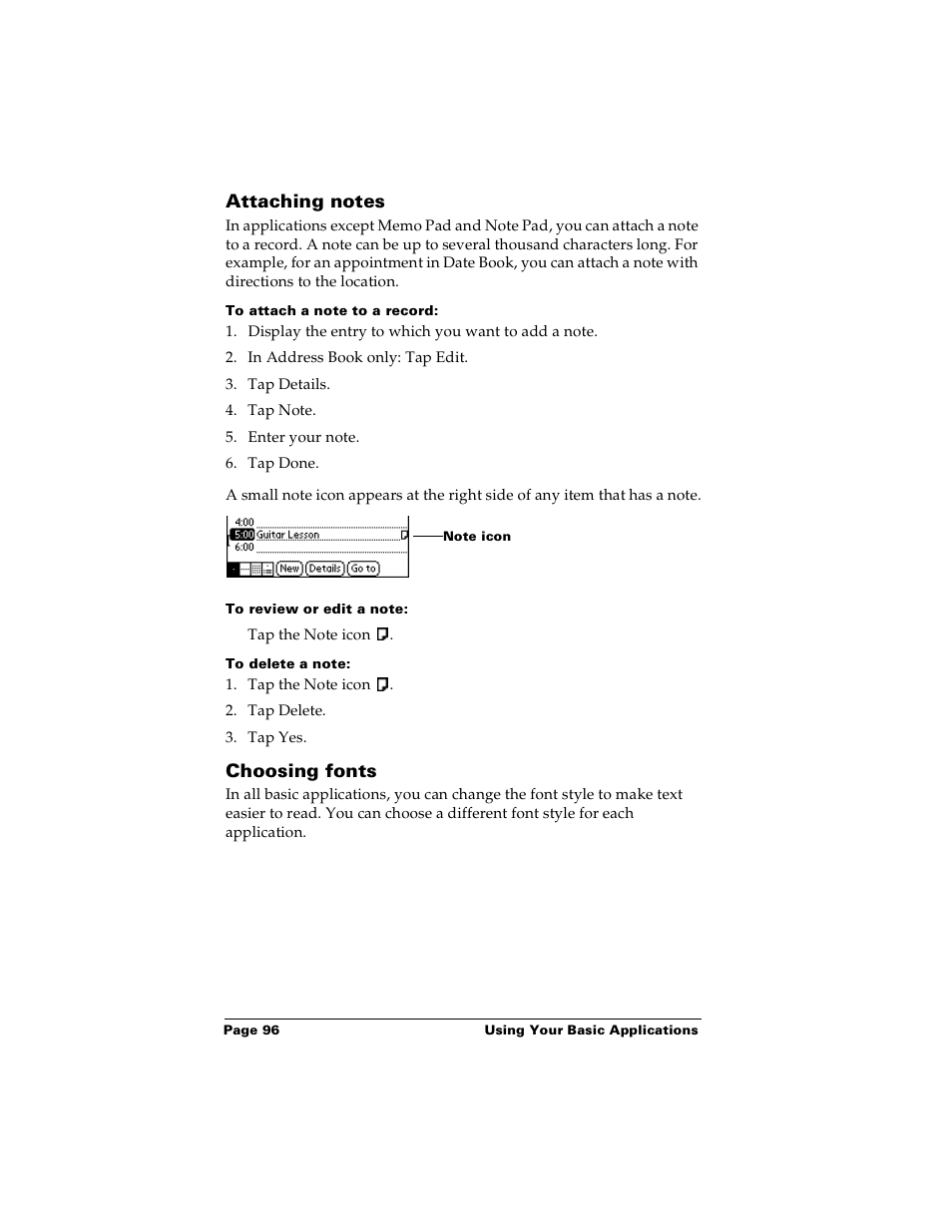 Attaching notes, To attach a note to a record, To review or edit a note | To delete a note, Choosing fonts, Attaching notes choosing fonts | Palm PalmTM m100 User Manual | Page 104 / 232