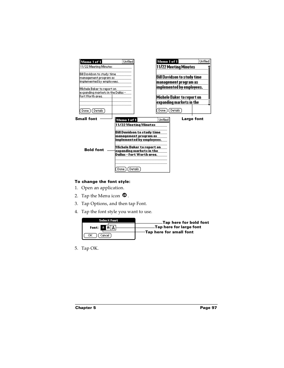 To change the font style | Palm PalmTM m100 User Manual | Page 105 / 232