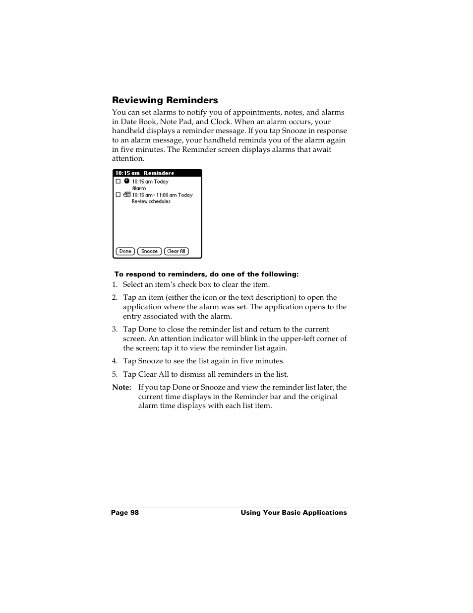 Reviewing reminders, To respond to reminders, do one of the following | Palm PalmTM m100 User Manual | Page 106 / 232