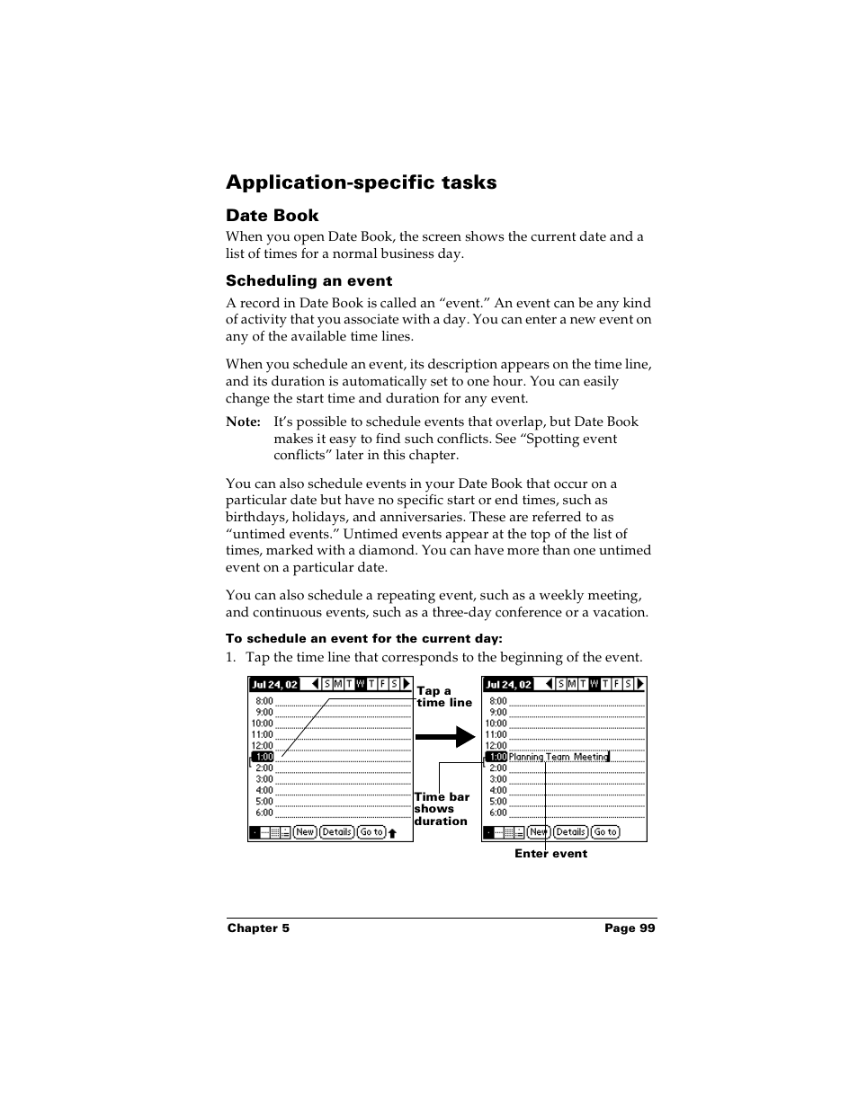 Application-specific tasks, Date book, Scheduling an event | To schedule an event for the current day | Palm PalmTM m100 User Manual | Page 107 / 232