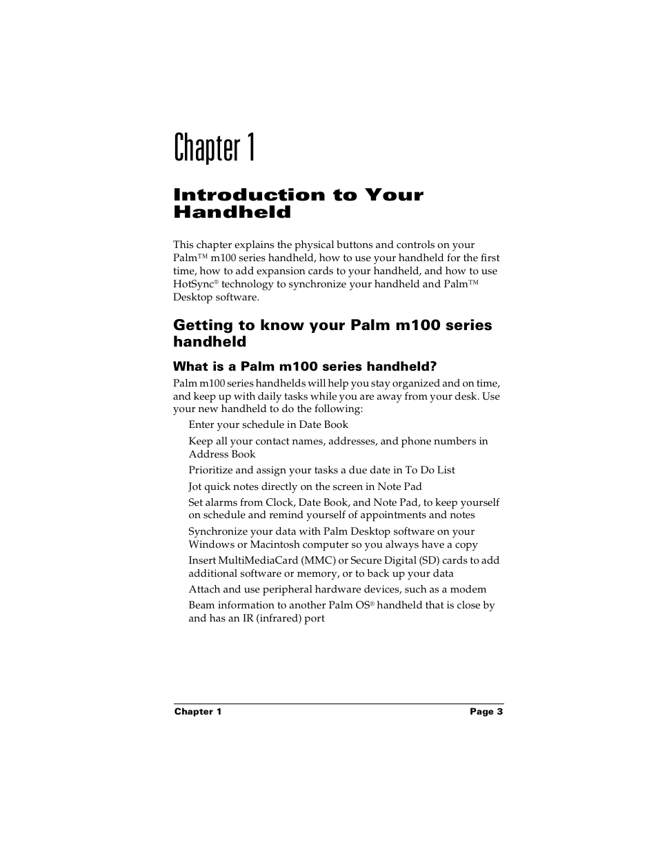 Chapter 1: introduction to your handheld, Getting to know your palm m100 series handheld, What is a palm m100 series handheld | Chapter 1, Introduction to your handheld | Palm PalmTM m100 User Manual | Page 11 / 232
