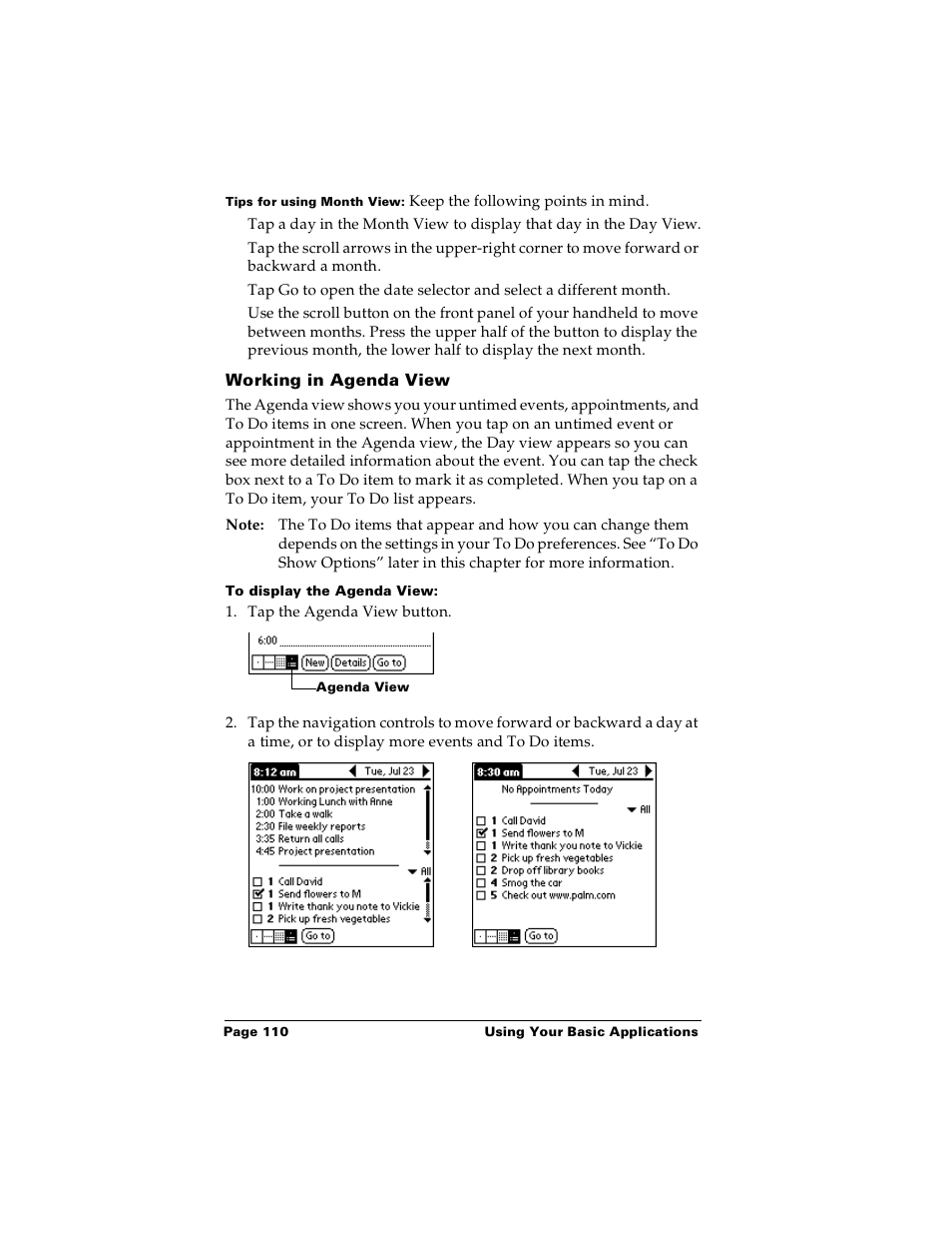 Working in agenda view, To display the agenda view | Palm PalmTM m100 User Manual | Page 118 / 232
