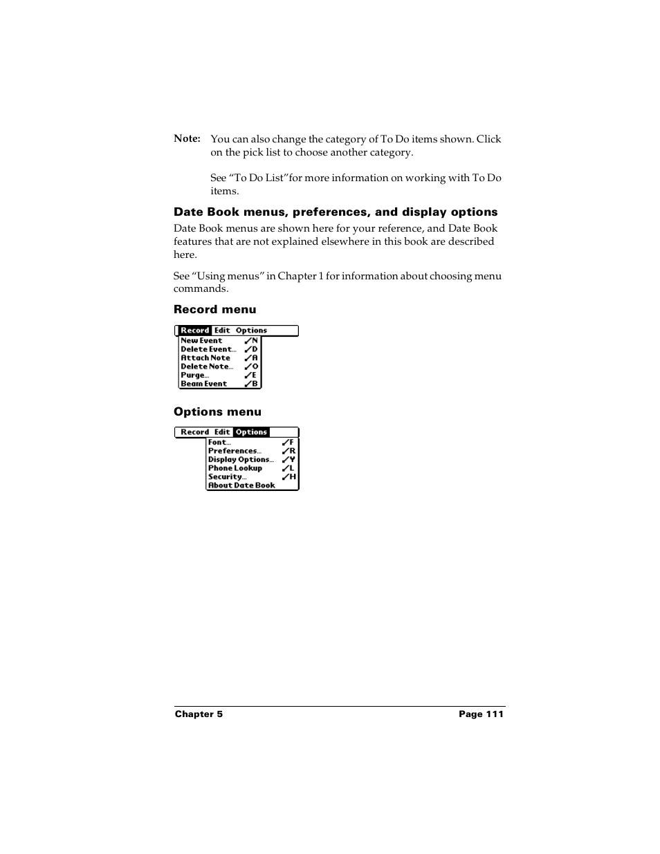 Date book menus, preferences, and display options, Record menu, Options menu | Palm PalmTM m100 User Manual | Page 119 / 232