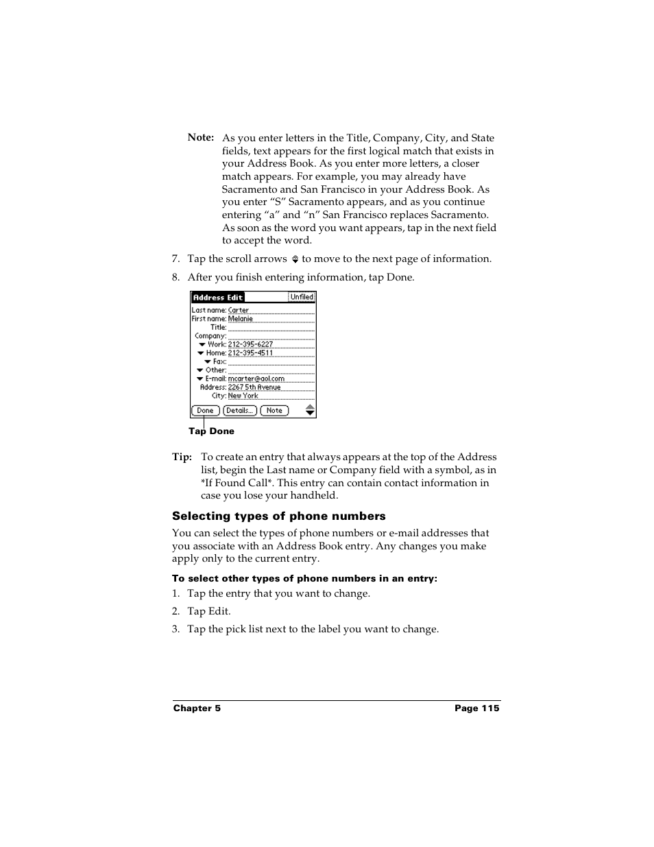 Selecting types of phone numbers, To select other types of phone numbers in an entry | Palm PalmTM m100 User Manual | Page 123 / 232