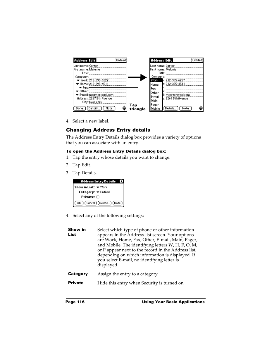 Changing address entry details, To open the address entry details dialog box | Palm PalmTM m100 User Manual | Page 124 / 232