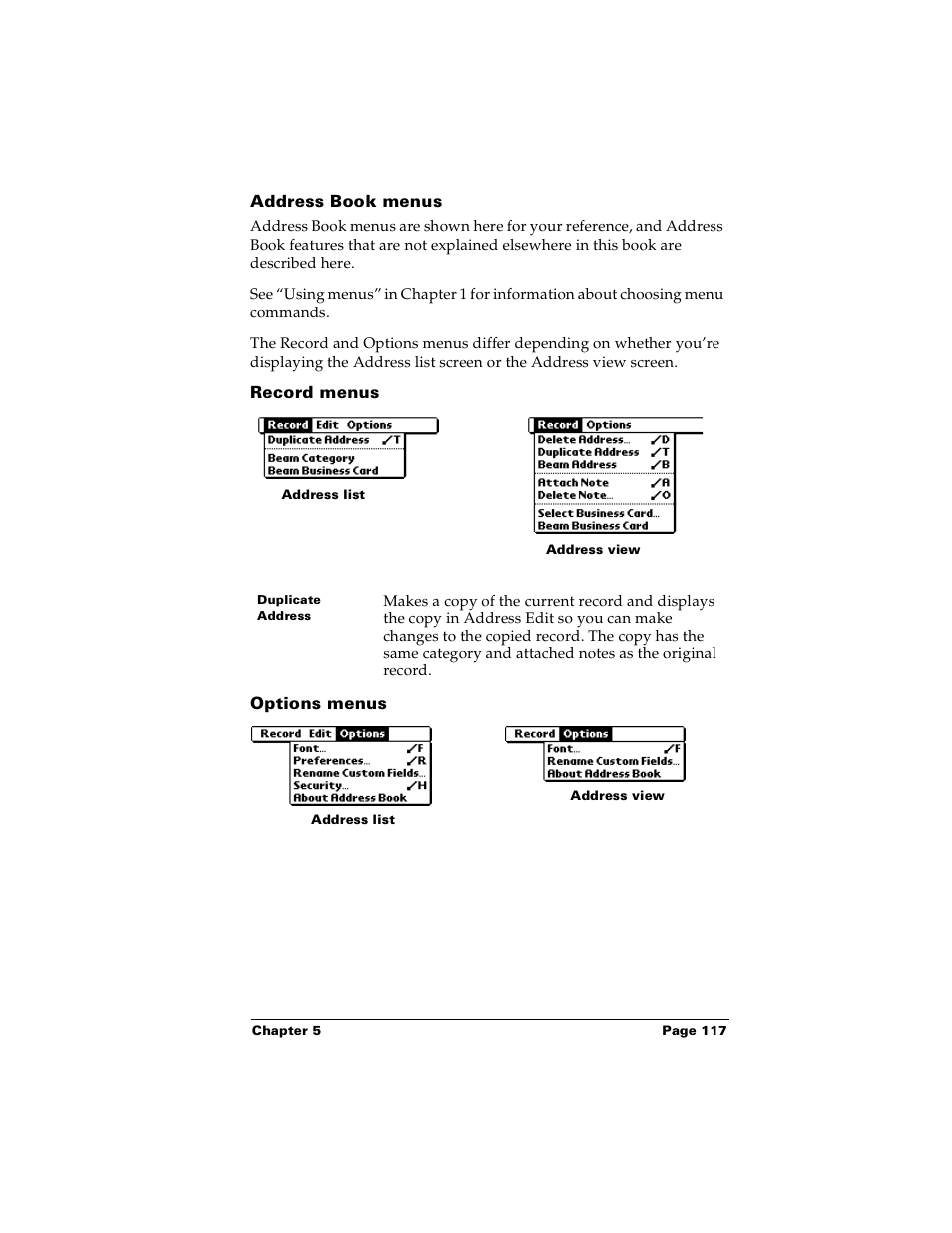 Address book menus, Record menus, Options menus | Palm PalmTM m100 User Manual | Page 125 / 232