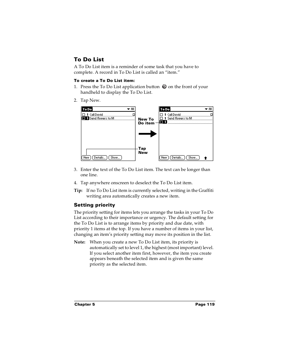 To do list, To create a to do list item, Setting priority | Palm PalmTM m100 User Manual | Page 127 / 232